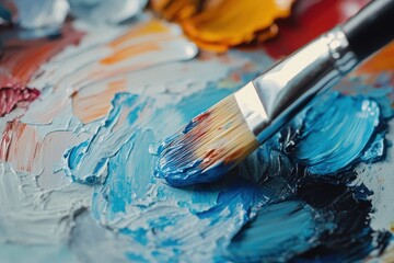 Obraz premium Paint Pallet. Artist Painter's Palette with Colorful Paint and Brush on White Background