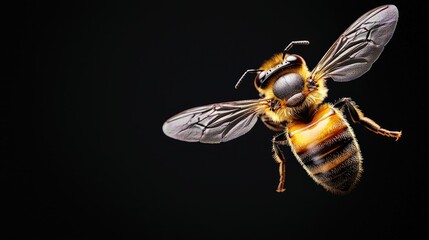 Macro closeup of a yellow bee, an isolated flying insect with wings, on a white flower in nature