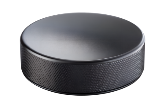 Isolated black hockey puck with textured sides on png background, hockey, puck, ice hockey, black, sport, equipment, rubber, isolated, closeup, single, background, object, design, game, athlete
