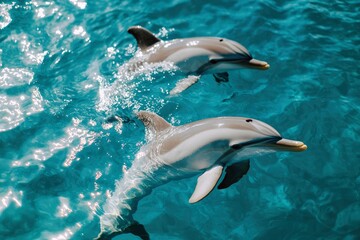 Naklejka premium Two dolphins swim in turquoise water