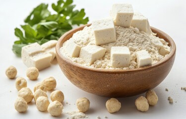 Cubes of tofu in a bowl of powder, with more tofu and nuts nearby