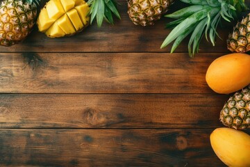 Papaya Mango. Fresh Tropical Fruits on Wooden Background. Top View with Copy Space
