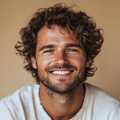 Obraz premium portrait of scandinavian smiling man is 35 years old with curly hair in white T-shirt on beige background