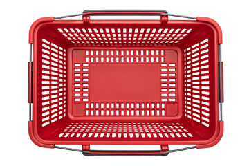Overhead view of a vibrant red plastic shopping basket on png, shopping basket, red basket, plastic basket, store basket, supermarket basket, shopping container, retail, grocery, market, container