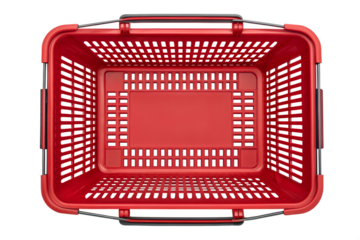 Overhead view of a vibrant red plastic shopping basket on png, shopping basket, red basket, plastic basket, store basket, supermarket basket, shopping container, retail, grocery, market, container
