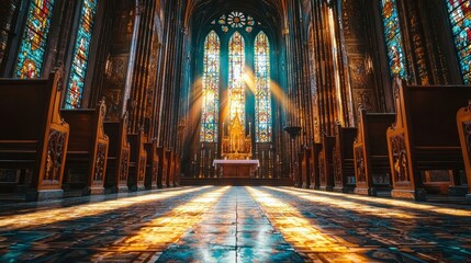 Fototapeta premium Sunlight streams through stained-glass windows in a grand church