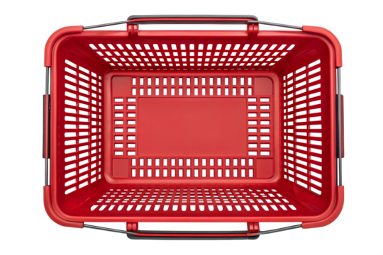 Overhead view of a vibrant red plastic shopping basket on png, shopping basket, red basket, plastic basket, store basket, supermarket basket, shopping container, retail, grocery, market, container