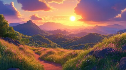 Majestic mountain vista at sunset