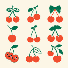 Vector set of cherries. Collection of stylized cherry illustrations