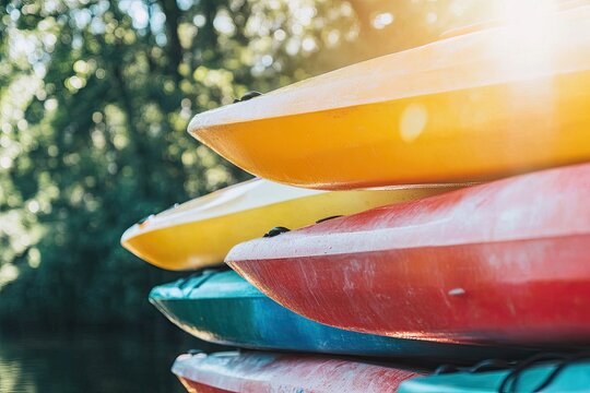 Colorful kayaks stacked by the water