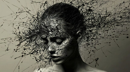Conceptual art piece exploring the intersection of beauty and chaos in human expression