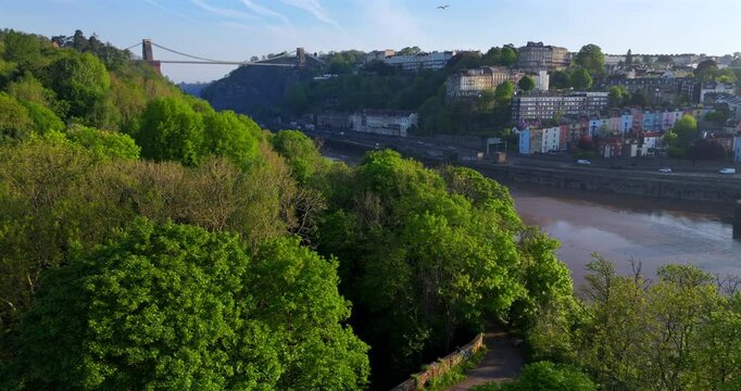 Aerial video of Bristol cityscape in the morning featuring  Clifton Suspension Bridge and river Avon. 