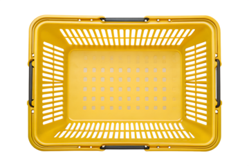 Yellow plastic shopping basket empty from above isolated on png background, shopping basket, yellow, plastic, container, isolated, retail, market, supermarket, grocery, store, handle, empty, basket