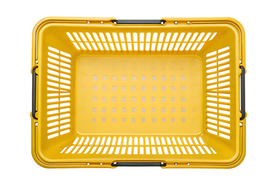 Yellow plastic shopping basket empty from above isolated on png background, shopping basket, yellow, plastic, container, isolated, retail, market, supermarket, grocery, store, handle, empty, basket