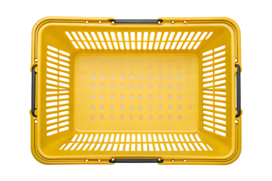Yellow plastic shopping basket empty from above isolated on png background, shopping basket, yellow, plastic, container, isolated, retail, market, supermarket, grocery, store, handle, empty, basket