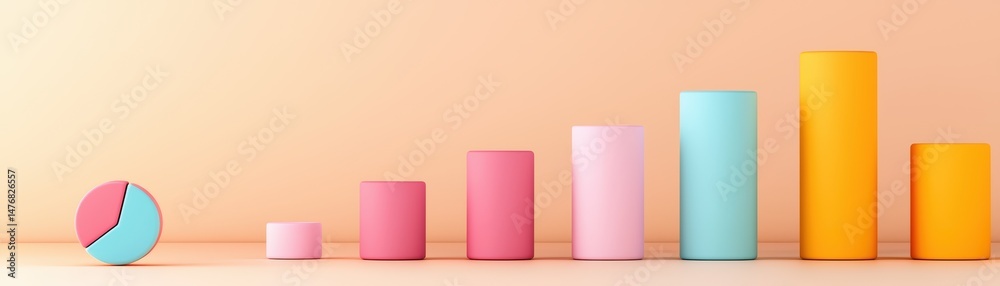 Poster modern colorful graph analysis with bar and pie chart representations on soft background