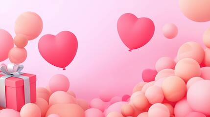 Colorful Heart Balloons and Gift Box in Soft Pink Background for Celebrations and Romantic Occasions