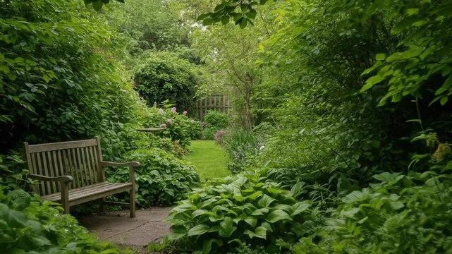 Peaceful garden path winding through lush green foliage with a rustic wooden bench