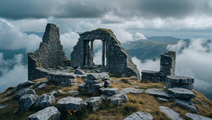 Ancient ruins overlooking misty mountain valley under cloudy sky