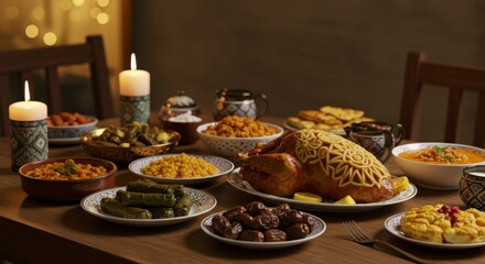 Naklejka premium Festive Middle Eastern feast on a wooden table