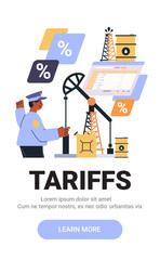 Tariffs trade concept with oil industry elements including a worker oil rigs barrels percentage symbols and a digital screen