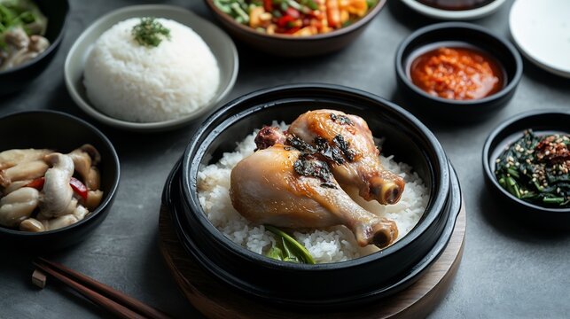 Korean boiled chicken Baeksuk served herbs and steamed rice normal view of baeksuk a boiled chicken dish served with garlic ginger and steamed rice