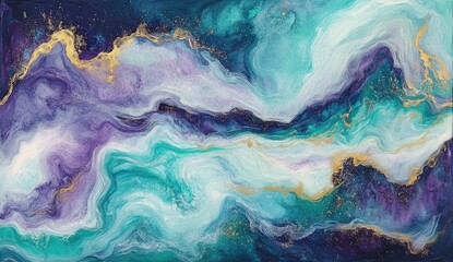 Abstract art piece with swirling, marbled colors.  Fluid, ethereal textures of teal, purple, and gold, with a dynamic flow