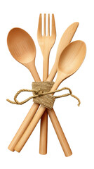 Four wooden kitchen utensils, including spoons and a fork, are elegantly tied together with twine. This rustic arrangement is perfect for cooking, dining, or kitchen decor