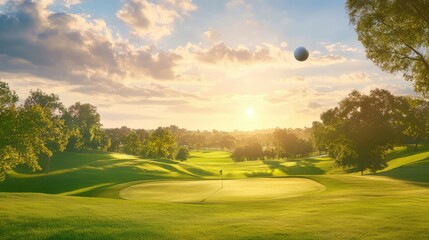 Golf course scene with ball hovering mid-air, capturing split second of excitement