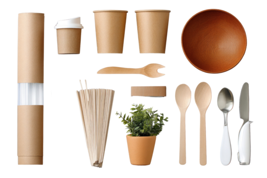 A set of eco-friendly tableware includes paper cups, wooden utensils, reusable straw, and potted herbs. Ideal for picnics, camping, and zero-waste gatherings