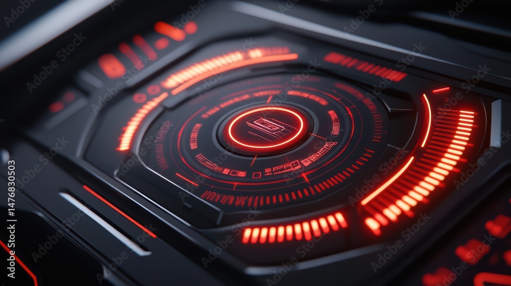 Poster futuristic interface technology design with glowing red elements and high-tech patterns