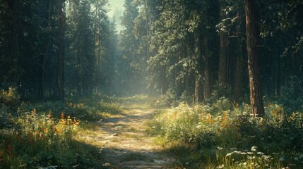 Fototapeta premium Sunlit forest path, vibrant flora