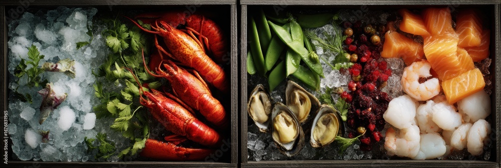 Poster fresh seafood and ice display with vibrant colors and textures in a market setting