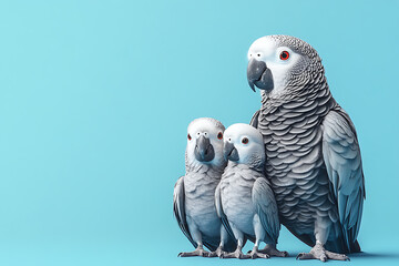 Fototapeta premium Family of three gray parrots standing together against a bright blue background, showcasing their bond
