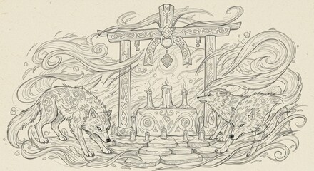 Fototapeta premium Runic Wolves Guarding a Sacred Shrine