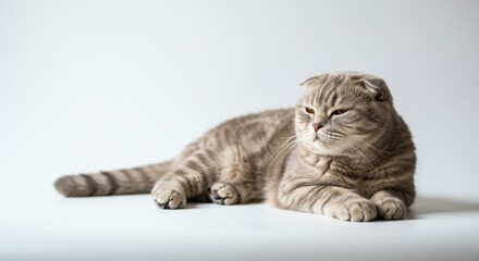 Obraz premium Serene Scottish Fold Cat Curled on White Background