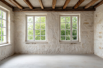 Minimalist empty room with natural light, featuring stone walls and wooden beams, creating serene atmosphere. large windows offer view of greenery outside, enhancing peaceful vibe