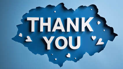 Thank you sign expressing gratitude with hearts and flowers on blue background
