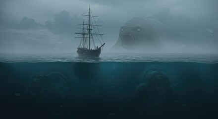 Obraz premium Ship Lost in Fog Approaching Underwater Terror