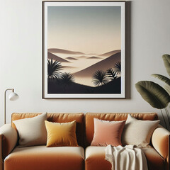 living room interior with fireplace photo frame on wood background	