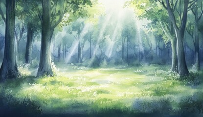 Obraz premium Lush forest glade bathed in sunlight. Sunlight streams through trees, illuminating a grassy clearing