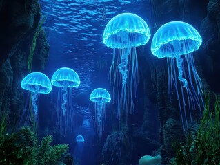 Ethereal Jellyfish Glowing in Deep Blue Ocean Water with Ocean Plants and Bubbles in Stunning Underwater Scene