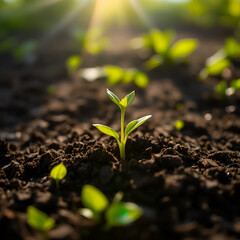 Fototapeta premium New Life Emerging from the Soil, Sunlight, Green, Growth, Nature