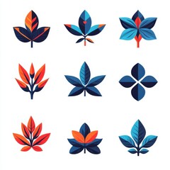 Obraz premium Abstract Geometric Leaf Designs Blue Orange Nature Vector Set art icon logo style shape plant image