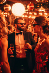 Beautiful happy people in evening outfits at disco party