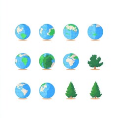 Earth Globe Icons Set Green Nature World Map Planet Blue Tree Cute Trees Image Asset Design Vector