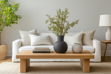 Cozy living room featuring white sofa adorned with soft pillows, wooden coffee table, and decorative vases. space is enhanced by green plant, creating serene atmosphere