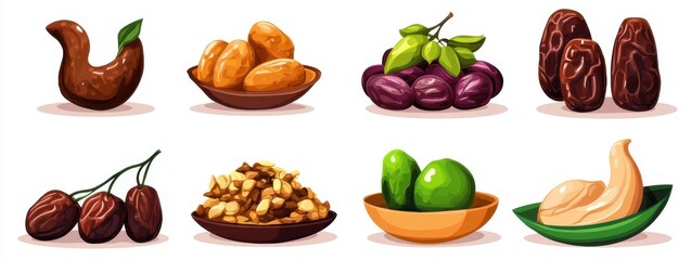 Delicious Dates Cashews Nuts Dried Fruits Healthy Snack Food Illustration art bowl leaf diet ripe