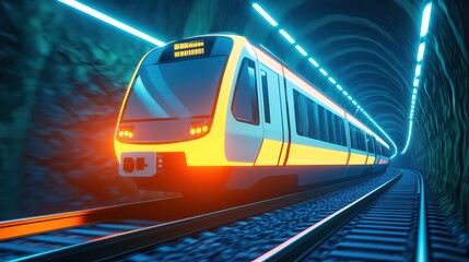 Naklejka premium High-Speed Modern Train Navigating Through a Futuristic Tunnel with Bright Neon Lights and Reflections