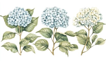 Three hydrangea blossoms in light blue and white, with lush green leaves, arranged on delicate stems